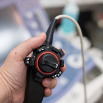 Hand holding ultrasound transducer probe